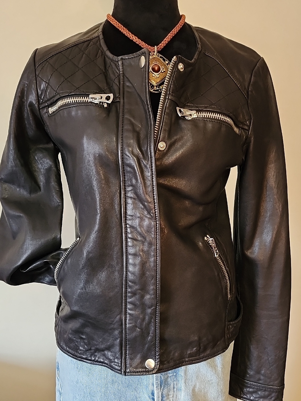 Lucky Brand Black Leather Moto Jacket Quilted Biker Classic Zip Sz S